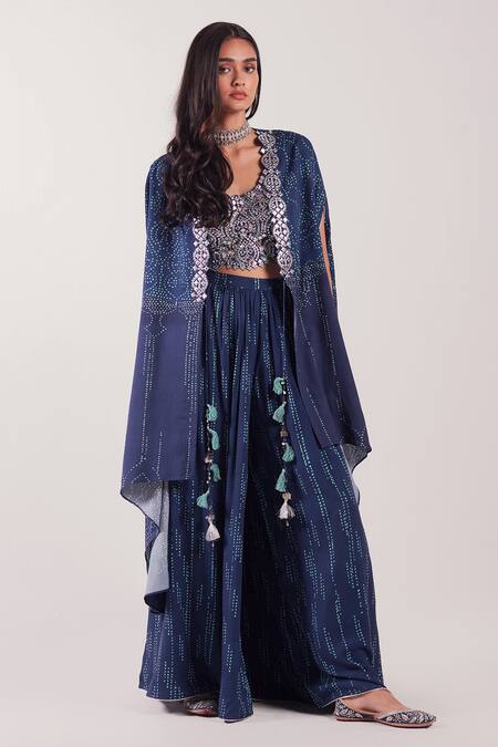 Buy_Inej_Blue Rayon Flex Ghungroo And Tassels, Metal Coins Embroidered Palazzo Set_Online_at_Aza_Fashions