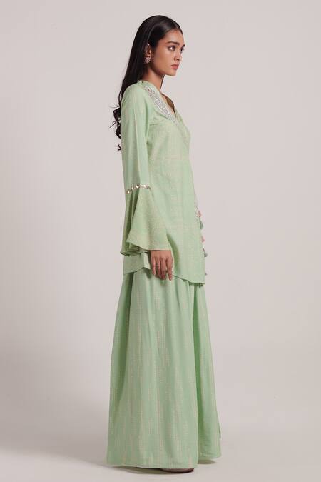 Buy_Inej_Green Rayon Flex Metal Sequins And Tassels V Neck Overlap Top & Sharara Set_Online_at_Aza_Fashions