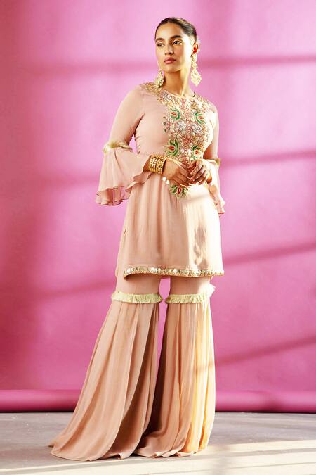 Rachit Khanna_Pink Georgette Round Embroidered Kurta Set_Online_at_Aza_Fashions