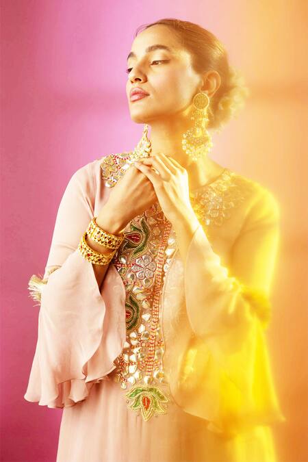 Shop_Rachit Khanna_Pink Georgette Round Embroidered Kurta Set_Online_at_Aza_Fashions