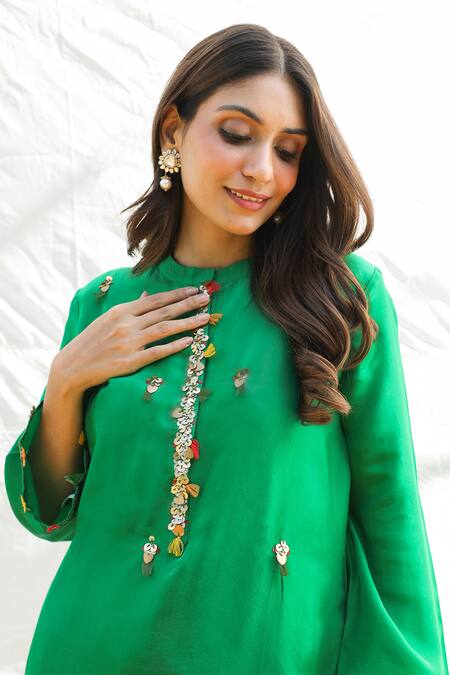 Pairaahan_Green Kurta Silk Embroidery Beads High Neck And Pant Set_at_Aza_Fashions