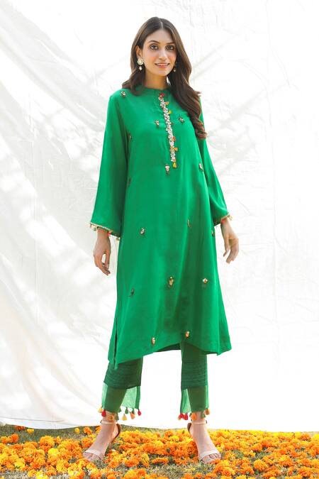 Pairaahan_Green Kurta Silk Embroidery Beads High Neck And Pant Set_Online_at_Aza_Fashions