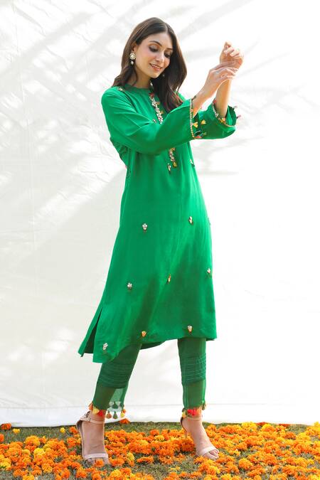 Shop_Pairaahan_Green Kurta Silk Embroidery Beads High Neck And Pant Set_Online_at_Aza_Fashions