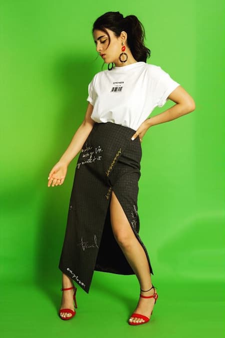 Shahin Mannan Yellow Satin, Polyester Embroidered Checkered Skirt 