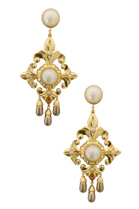 Shop Radhika Agrawal Jewels Gold Plated Pearl Rosa Maria Bead Chandeliers at Aza Fashions Shop_Radhika Agrawal Jewels_Gold Plated Pearl Rosa Maria Bead Chandeliers _at_Aza_Fashions