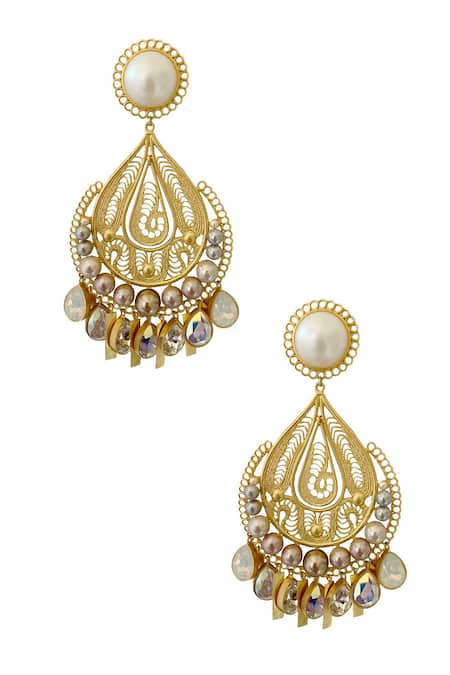 Shop Radhika Agrawal Jewels Gold Plated Pearl Trella Fiigree Chandeliers at Aza Fashions Shop_Radhika Agrawal Jewels_Gold Plated Pearl Trella Fiigree Chandeliers _at_Aza_Fashions