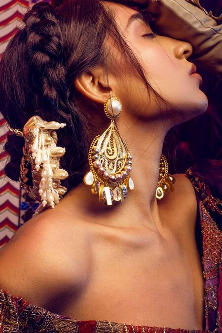 Buy Radhika Agrawal Jewels Gold Plated Pearl Trella Fiigree Chandeliers Online at Aza Fashions Buy_Radhika Agrawal Jewels_Gold Plated Pearl Trella Fiigree Chandeliers _Online_at_Aza_Fashions