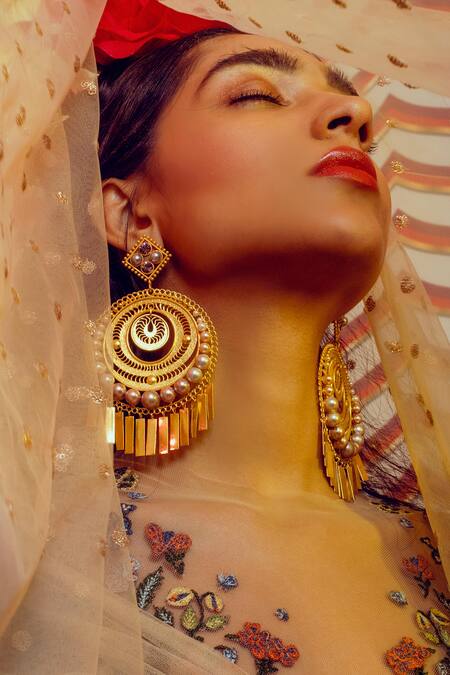 Buy_Radhika Agrawal Jewels_Gold Plated Pearl Estelle Fiigree Chandeliers _Online_at_Aza_Fashions