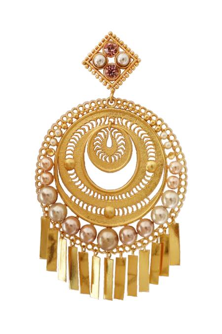 Shop_Radhika Agrawal Jewels_Gold Plated Pearl Estelle Fiigree Chandeliers _Online_at_Aza_Fashions