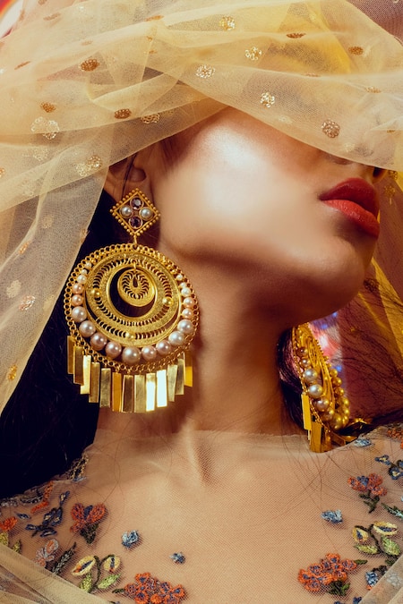 Radhika Agrawal Jewels_Gold Plated Pearl Estelle Fiigree Chandeliers _at_Aza_Fashions