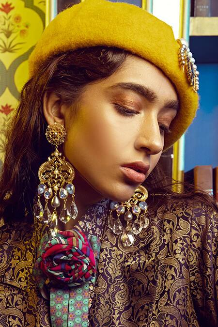 Radhika Agrawal Jewels Gold Plated Pearl Bonita Crystal Drop Chandeliers