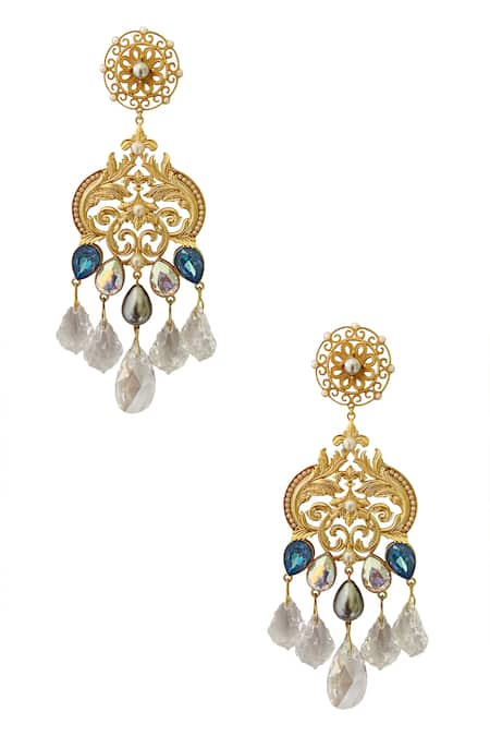 Shop Radhika Agrawal Jewels Gold Plated Pearl Bonita Crystal Drop Chandeliers at Aza Fashions Shop_Radhika Agrawal Jewels_Gold Plated Pearl Bonita Crystal Drop Chandeliers _at_Aza_Fashions