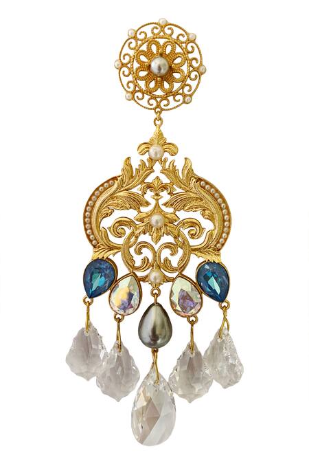 Radhika Agrawal Jewels Gold Plated Pearl Bonita Crystal Drop Chandeliers at Aza Fashions Radhika Agrawal Jewels_Gold Plated Pearl Bonita Crystal Drop Chandeliers _at_Aza_Fashions