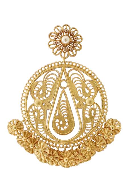 Shop_Radhika Agrawal Jewels_Gold Plated Pearl Mexicano Filigree Chandeliers _Online_at_Aza_Fashions