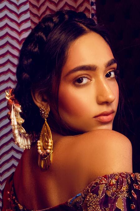 Radhika Agrawal Jewels_Gold Plated Pearl Neuvo Filigree Chandeliers _Online_at_Aza_Fashions