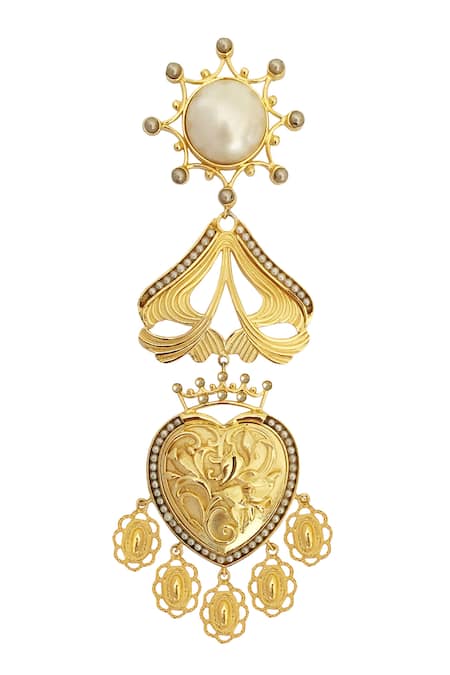 Shop_Radhika Agrawal Jewels_Gold Plated Pearl Victoria Carved Long Chandeliers _Online_at_Aza_Fashions