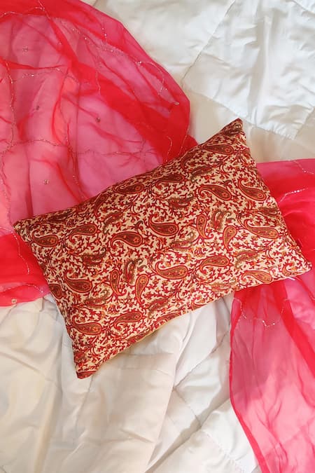 Raffinee Red Cotton Polyester Print Mughal Enchante Cushion Cover