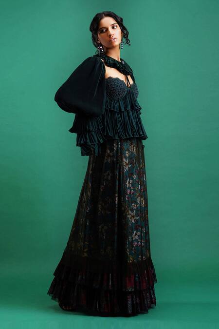 Nidhi Yasha_Green Viscose Embroidery Round Pleated Top _Online_at_Aza_Fashions