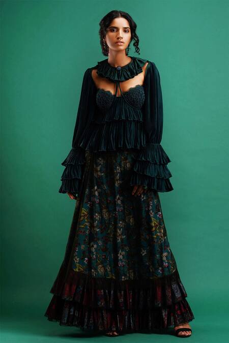 Shop_Nidhi Yasha_Green Viscose Embroidery Round Pleated Top _Online_at_Aza_Fashions