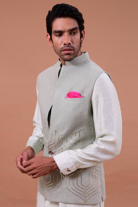 Shop_Gaurav Katta_Blue Linen And Chanderi Sequin Bundi & Kurta Set _Online_at_Aza_Fashions