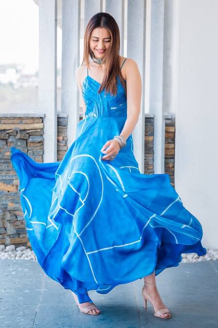 Buy Vedika M Blue Silk V Neck Printed Asymmetric Dress at Aza Fashions Buy_Vedika M_Blue Silk V Neck Printed Asymmetric Dress_at_Aza_Fashions