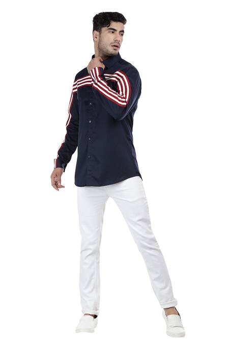 Shop_Abkasa_Blue Cotton Slim-fit Applique Shirt_Online_at_Aza_Fashions