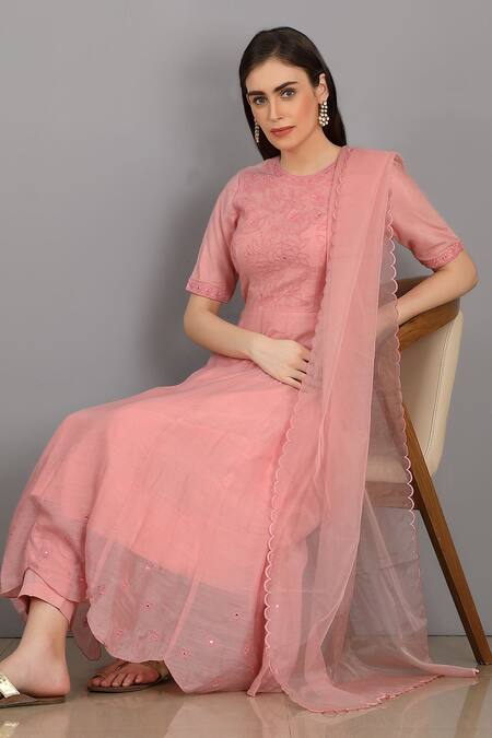 Asaga_Pink Anarkali Chanderi Silk, Cotton Pant Mul Cotton Dupatta Organza Set _Online_at_Aza_Fashions