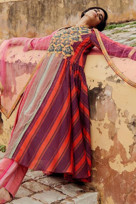Swati Vijaivargie_Multi Color Chanderi Silk Kurta Set_Online_at_Aza_Fashions