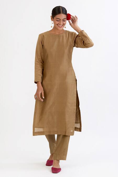 Shop_Peeli Dori_Brown Kurta Chanderi Embroidery Round Straight Set _Online_at_Aza_Fashions