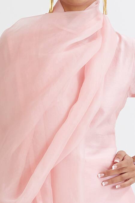 Peeli Dori_Pink Dupatta Silk Organza, Kurta Chanderi, Pant Cotton Satin Straight Set_at_Aza_Fashions