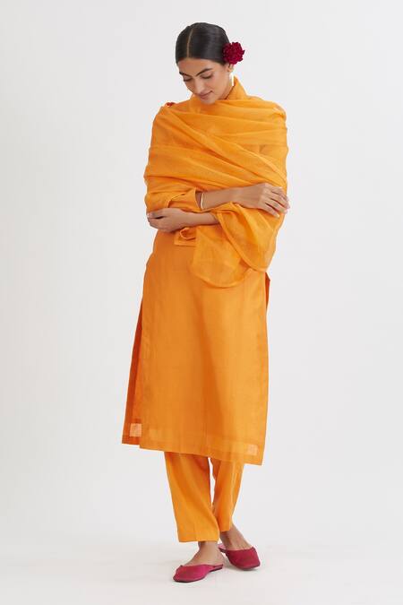 Buy_Peeli Dori_Orange Dupatta Silk Organza, Kurta Chanderi, Pant Cotton Satin Straight Set_Online_at_Aza_Fashions