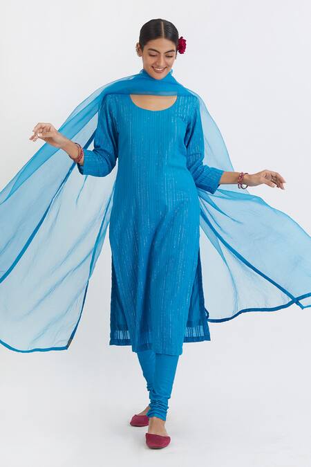 Peeli Dori Blue Churidar Cotton Satin, Dupatta Silk Organza, Kurta Straight Set Online at Aza Fashions Peeli Dori_Blue Churidar Cotton Satin, Dupatta Silk Organza, Kurta Straight Set_Online_at_Aza_Fashions
