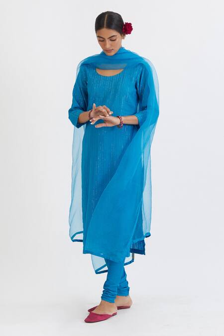 Buy Peeli Dori Blue Churidar Cotton Satin, Dupatta Silk Organza, Kurta Straight Set Online at Aza Fashions Buy_Peeli Dori_Blue Churidar Cotton Satin, Dupatta Silk Organza, Kurta Straight Set_Online_at_Aza_Fashions