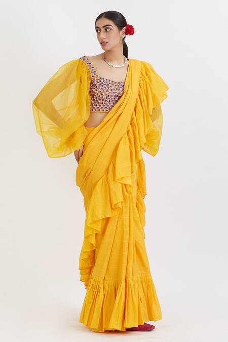Peeli Dori_Yellow Cotton Satin Embroidery V Neck Ruffle Saree With Blouse_Online_at_Aza_Fashions