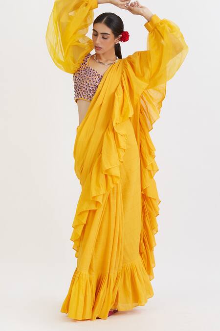 Shop_Peeli Dori_Yellow Cotton Satin Embroidery V Neck Ruffle Saree With Blouse_Online_at_Aza_Fashions