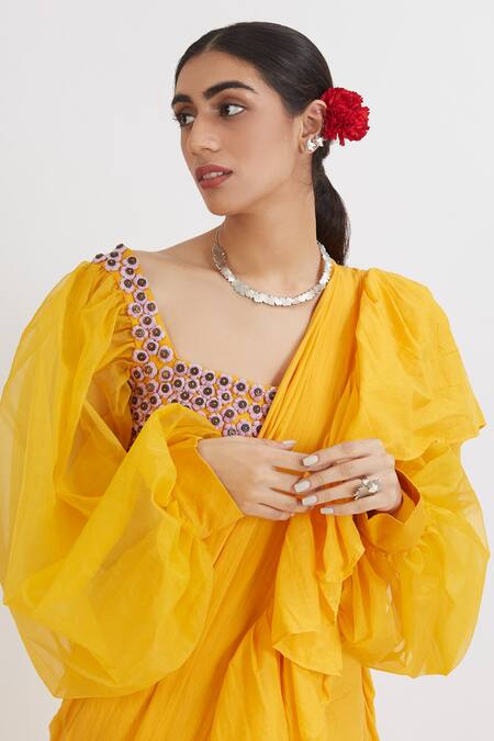 Peeli Dori_Yellow Cotton Satin Embroidery V Neck Ruffle Saree With Blouse_at_Aza_Fashions