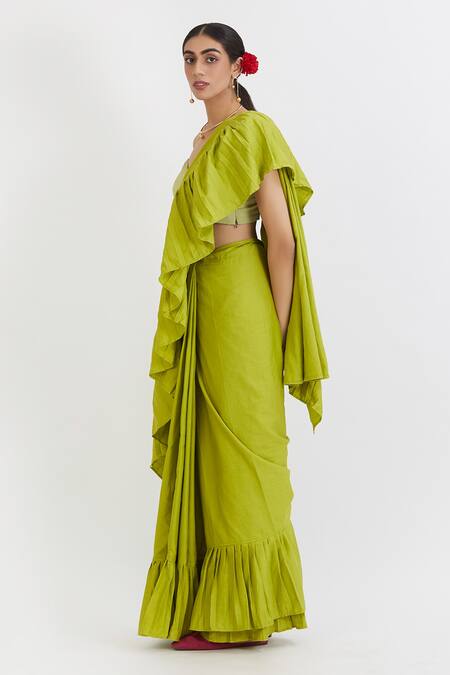 Peeli Dori_Green Cotton Satin Embroidery V Neck Ruffle Saree With Blouse_Online_at_Aza_Fashions