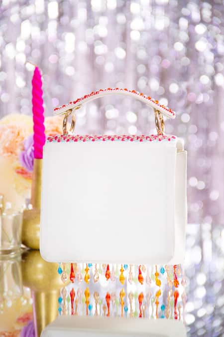 House Of Vian_White Zari, Embroidery Embellished Suede Clutch With Sling _Online_at_Aza_Fashions