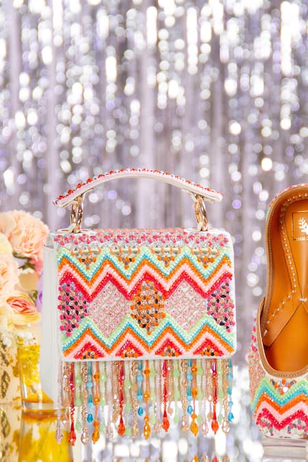 Buy_House Of Vian_White Zari, Embroidery Embellished Suede Clutch With Sling _Online_at_Aza_Fashions