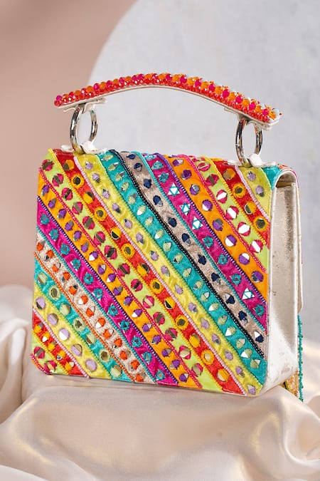 House Of Vian White Mirrors, Beads, Fabric Flowers Embellished Suede Clutch With Sling Online at Aza Fashions House Of Vian_White Mirrors, Beads, Fabric Flowers Embellished Suede Clutch With Sling _Online_at_Aza_Fashions