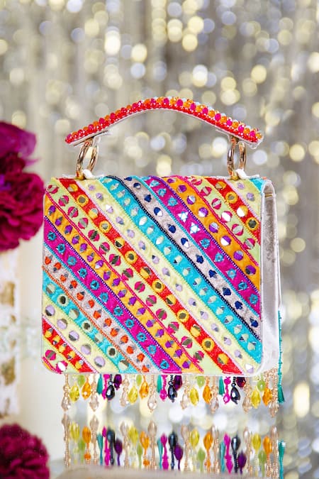 Buy House Of Vian White Mirrors, Beads, Fabric Flowers Embellished Suede Clutch With Sling Online at Aza Fashions Buy_House Of Vian_White Mirrors, Beads, Fabric Flowers Embellished Suede Clutch With Sling _Online_at_Aza_Fashions