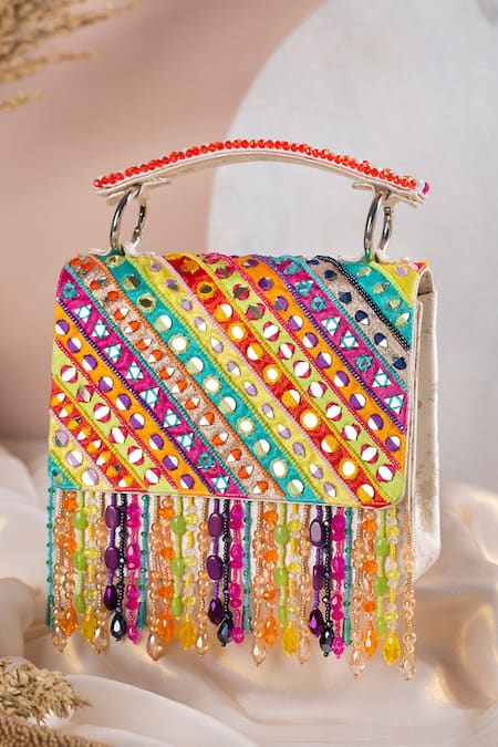 House Of Vian White Mirrors, Beads, Fabric Flowers Embellished Suede Clutch With Sling at Aza Fashions House Of Vian_White Mirrors, Beads, Fabric Flowers Embellished Suede Clutch With Sling _at_Aza_Fashions