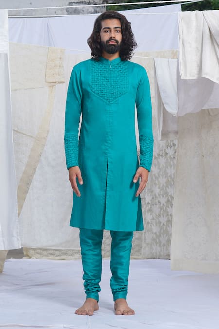 Runit Gupta Blue Glazed Cotton Kurta And Pant Set 
