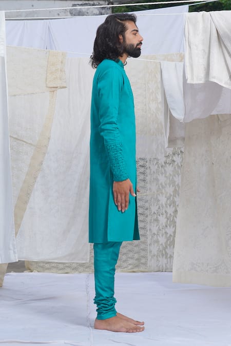 Runit Gupta_Blue Glazed Cotton Kurta And Pant Set _Online_at_Aza_Fashions