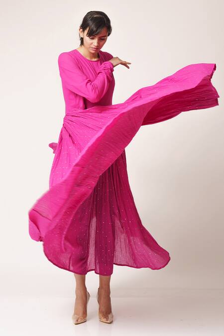 Dot_Pink Cotton Round Hand Embroidered Anarkali Kurta _Online_at_Aza_Fashions