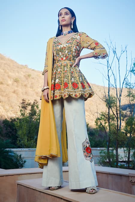Sahil Kochhar Yellow Tunic Silk Organza Pants Cotton Linen Dupatta Chiffon V Ranjabi Set