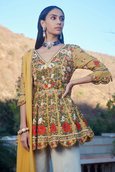 Shop Sahil Kochhar Yellow Tunic Silk Organza Pants Cotton Linen Dupatta Chiffon V Ranjabi Set at Aza Fashions Shop_Sahil Kochhar_Yellow Tunic Silk Organza Pants Cotton Linen Dupatta Chiffon V Ranjabi Set _at_Aza_Fashions