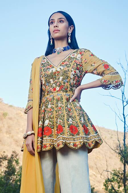 Sahil Kochhar Yellow Tunic Silk Organza Pants Cotton Linen Dupatta Chiffon V Ranjabi Set Online at Aza Fashions Sahil Kochhar_Yellow Tunic Silk Organza Pants Cotton Linen Dupatta Chiffon V Ranjabi Set _Online_at_Aza_Fashions