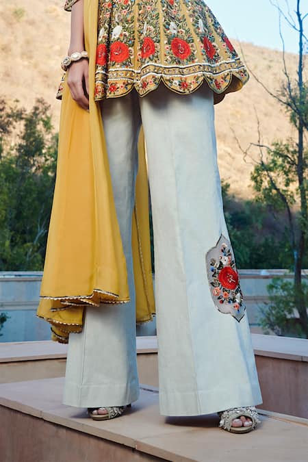 Shop Sahil Kochhar Yellow Tunic Silk Organza Pants Cotton Linen Dupatta Chiffon V Ranjabi Set Online at Aza Fashions Shop_Sahil Kochhar_Yellow Tunic Silk Organza Pants Cotton Linen Dupatta Chiffon V Ranjabi Set _Online_at_Aza_Fashions