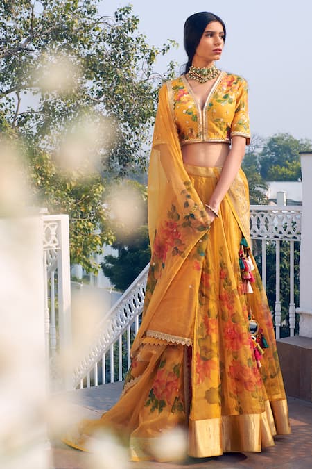 Rar Studio Yellow Handloom Chanderi Organza Hand Painted Lehenga Set